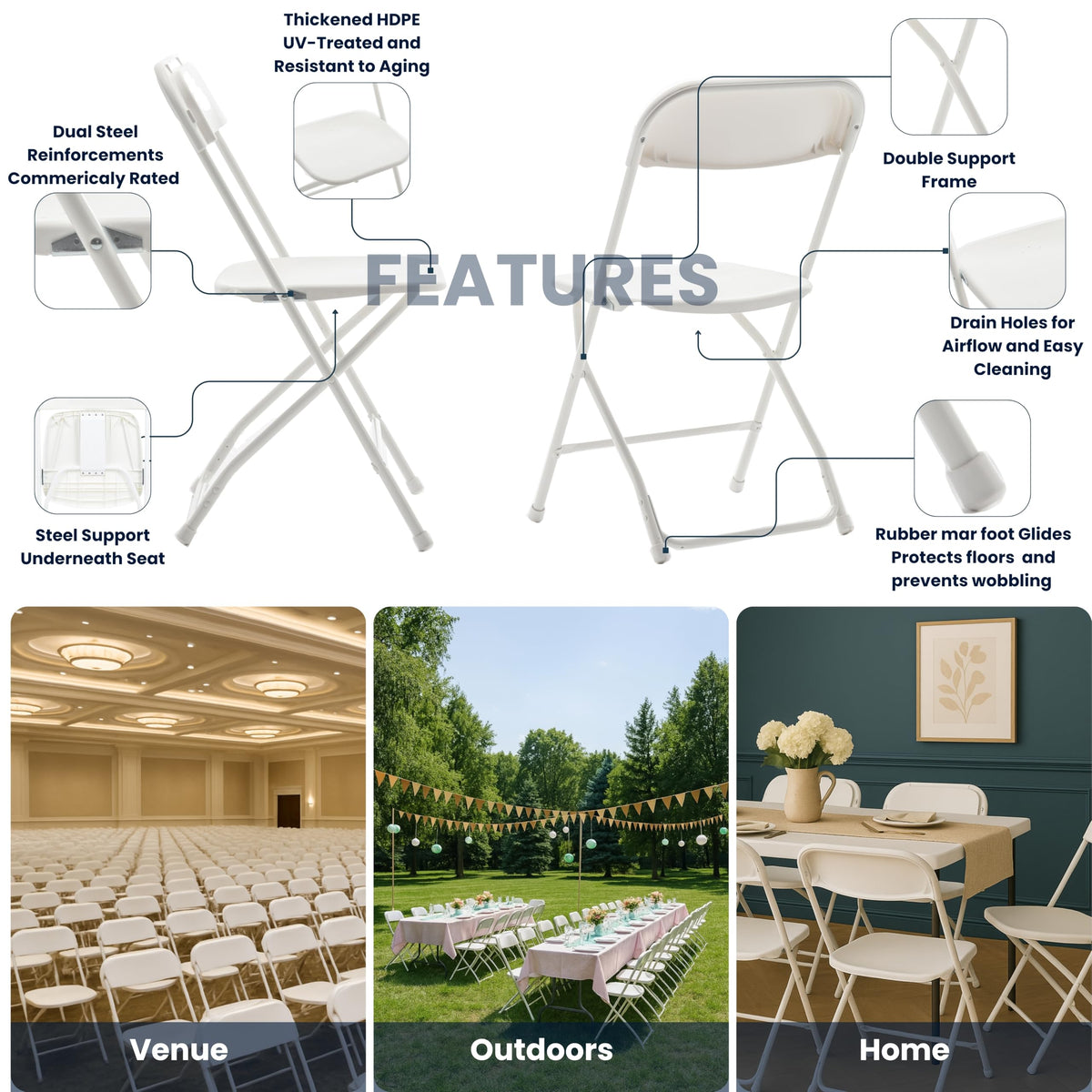 White Plastic Folding Chairs Set of 10 Steel Frame G806440