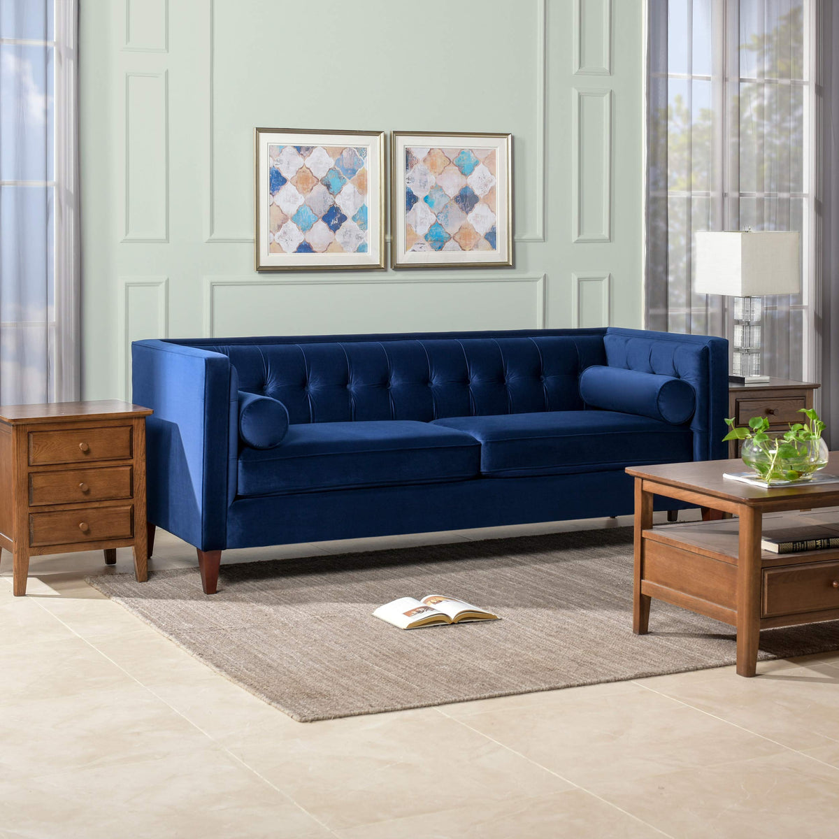 Navy Blue Velvet Tufted Sofa Y39699