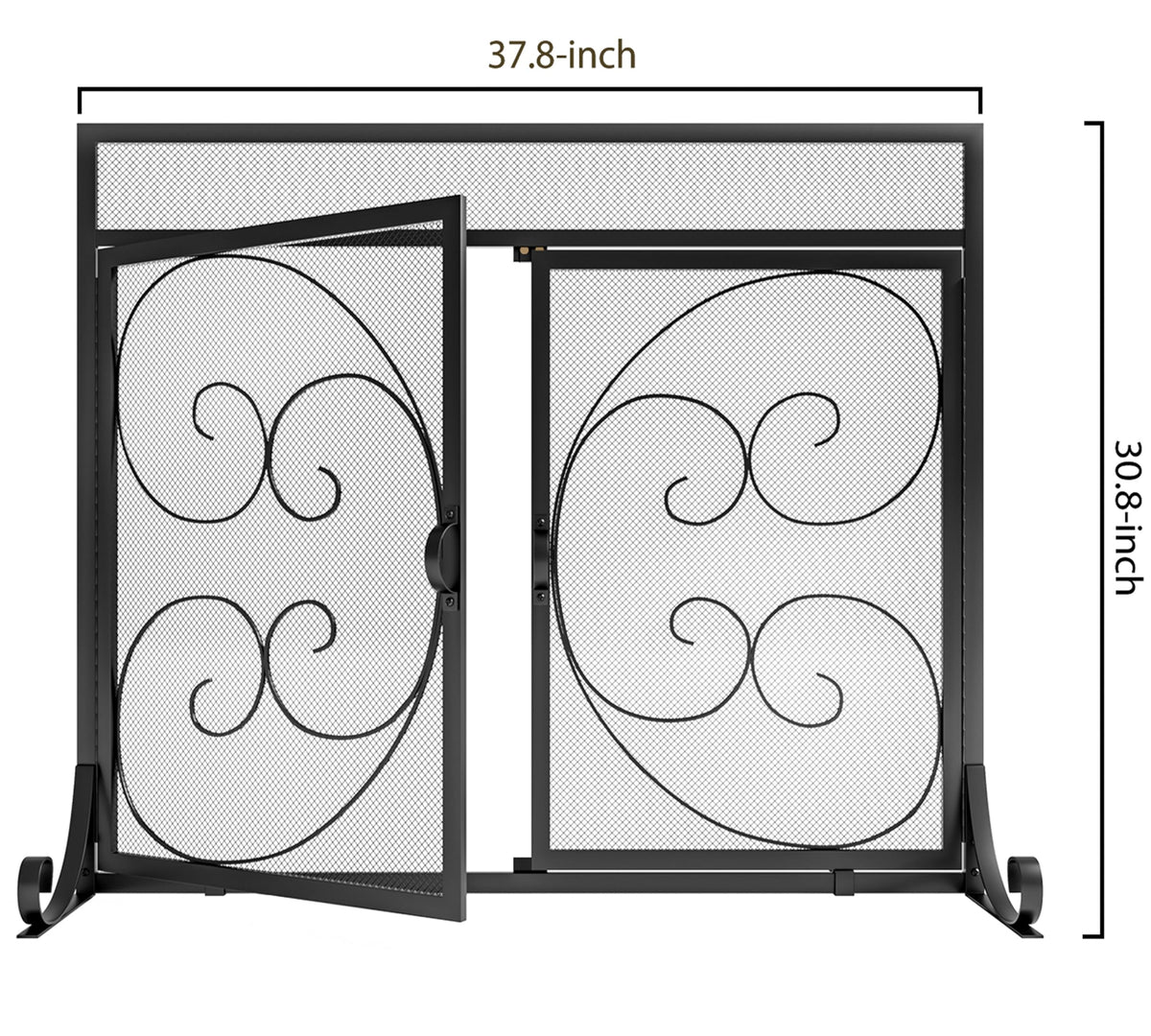 Flat Fireplace Screen with Hinged Doors Wrought Iron Mesh Black S70596