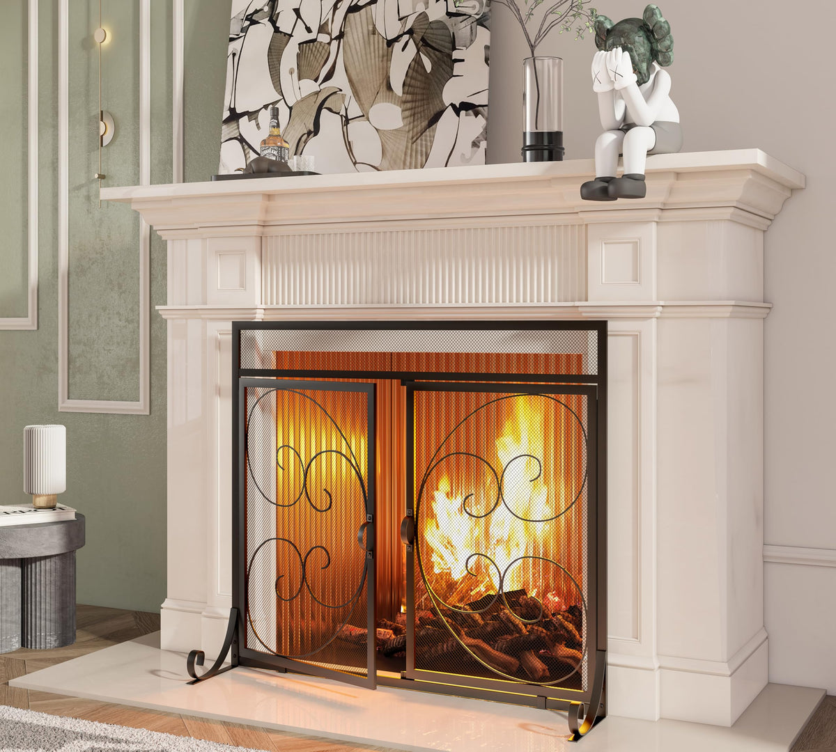 Flat Fireplace Screen with Hinged Doors Wrought Iron Mesh Black S70596