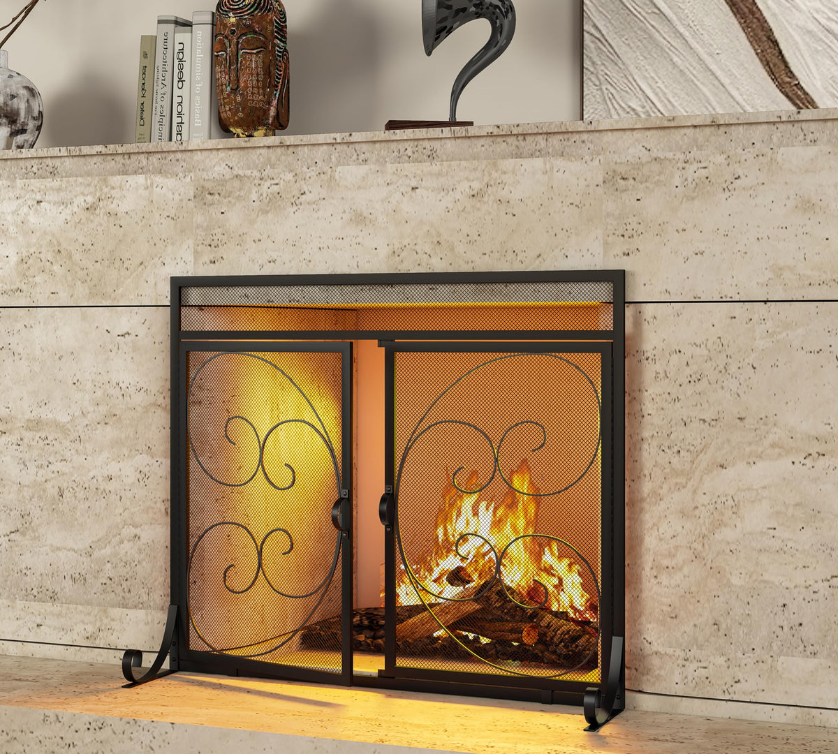 Flat Fireplace Screen with Hinged Doors Wrought Iron Mesh Black S70596