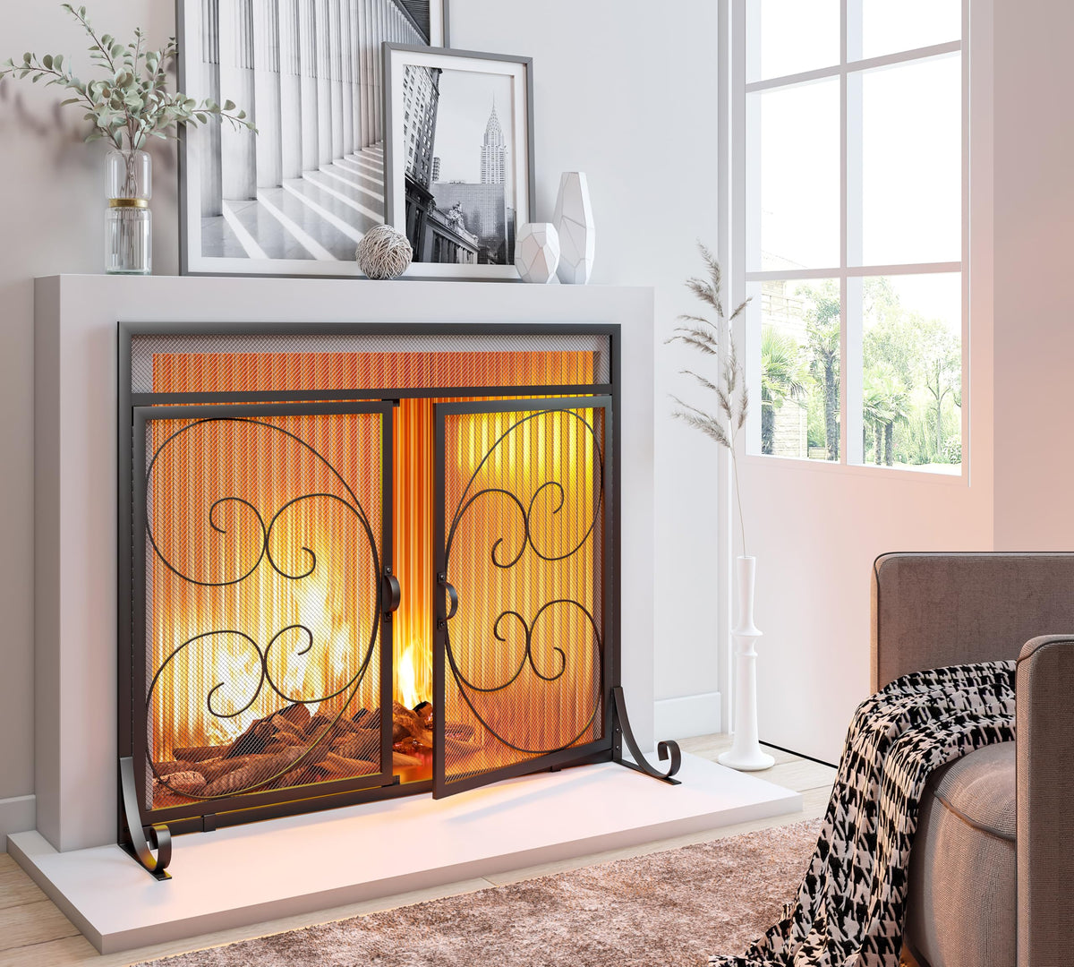 Flat Fireplace Screen with Hinged Doors Wrought Iron Mesh Black S70596
