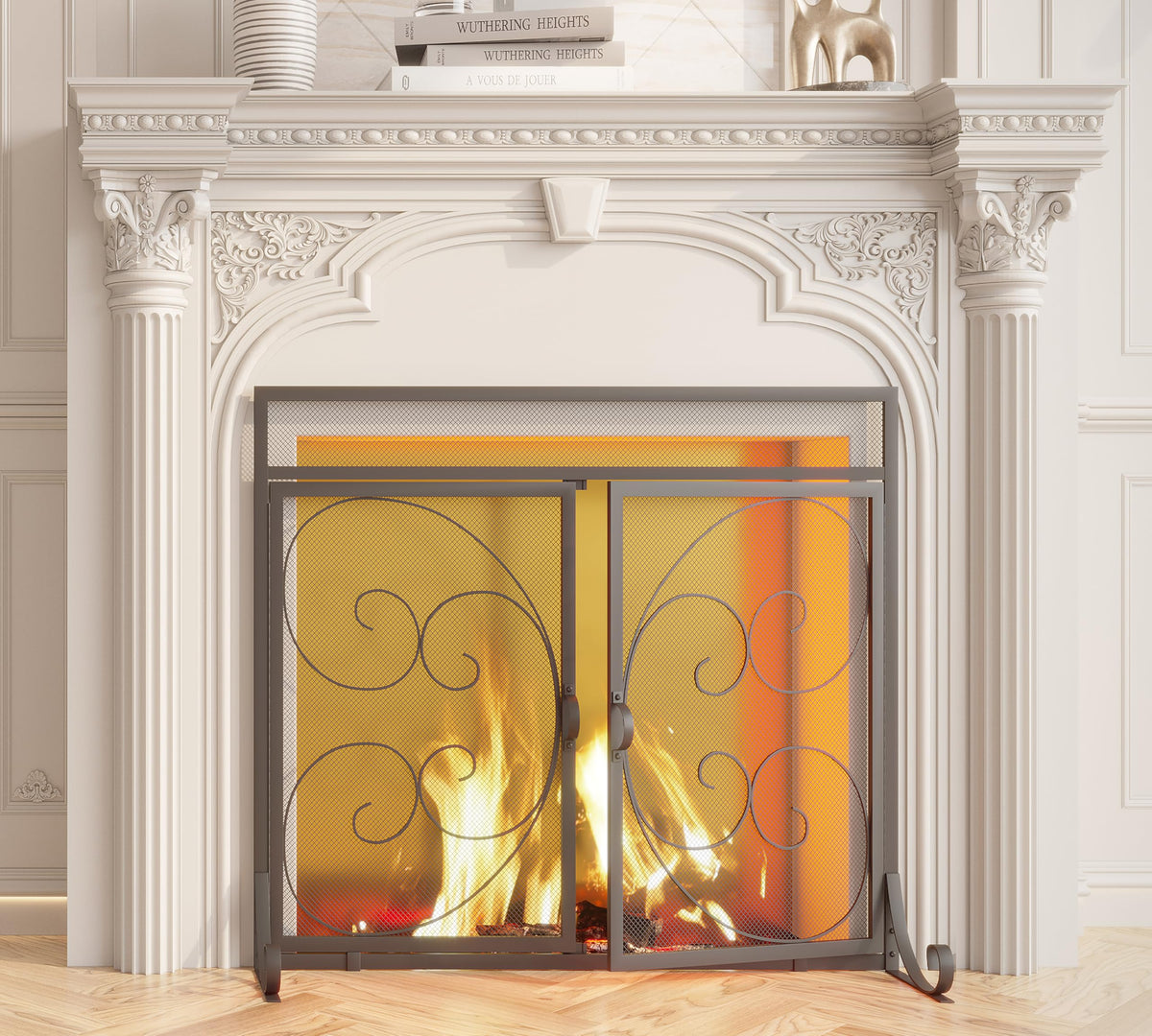 Flat Fireplace Screen with Hinged Doors Wrought Iron Mesh Black S70596