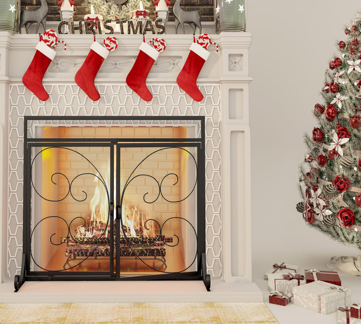 Flat Fireplace Screen with Hinged Doors Wrought Iron Mesh Black S70596