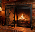 Flat Fireplace Screen with Hinged Doors Wrought Iron Mesh Black S70596